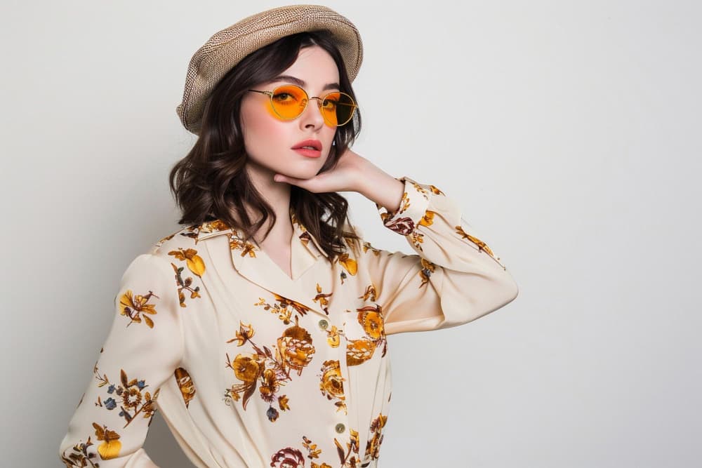 Woman in floral blouse with beret and sunglasses